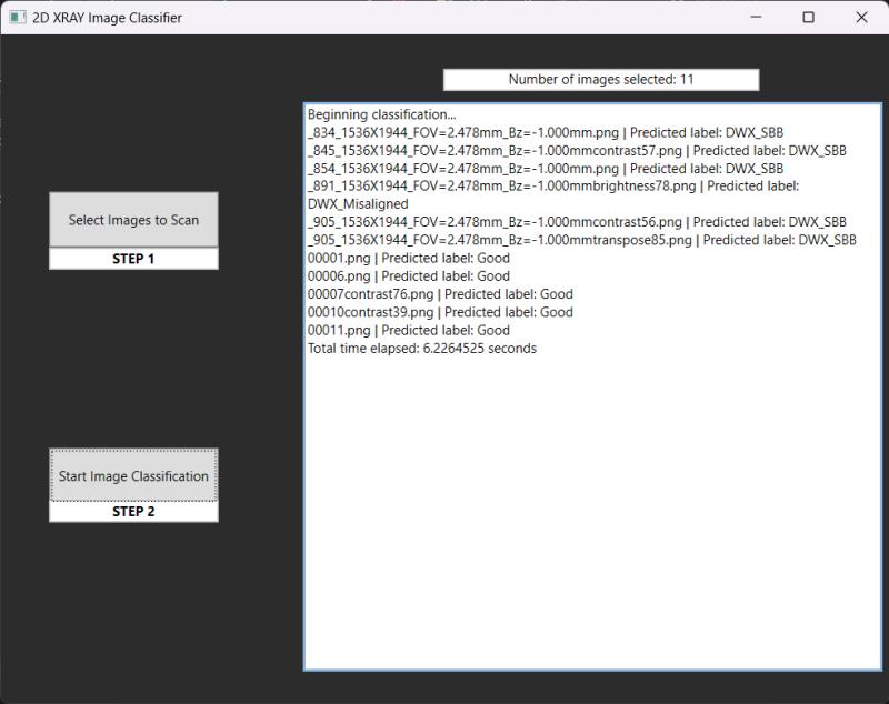 screenshot of an graphical user interface with a button to select images and another button to start image classification