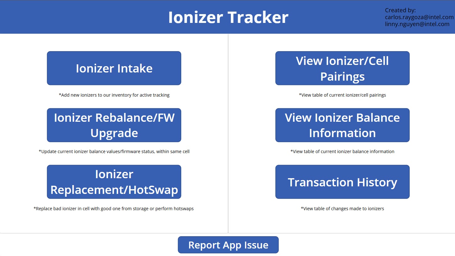 screenshot of an Ionizer Tracker PowerApps app main menu showing multiple buttons